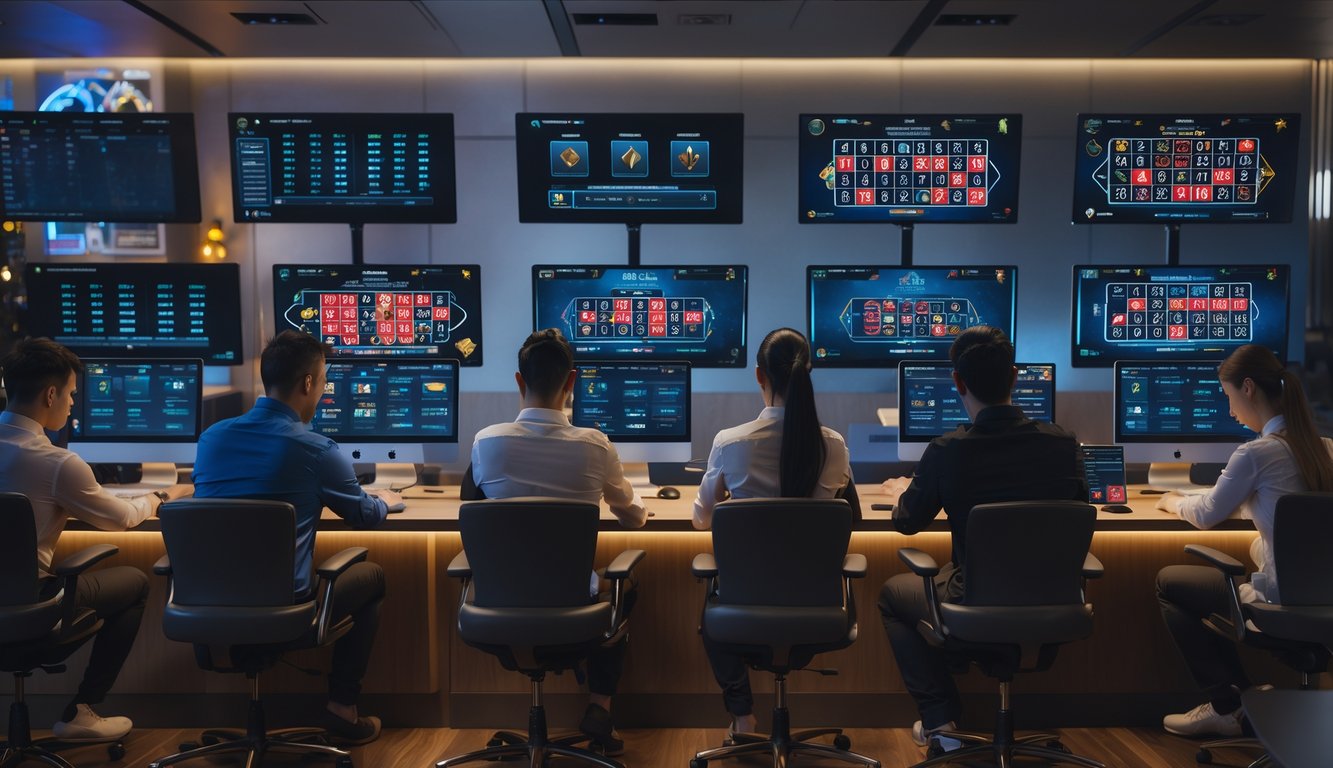 Beberapa orang sedang fokus bermain dan menganalisis permainan kasino online langsung dengan layar komputer yang menampilkan permainan dan pola dealer.