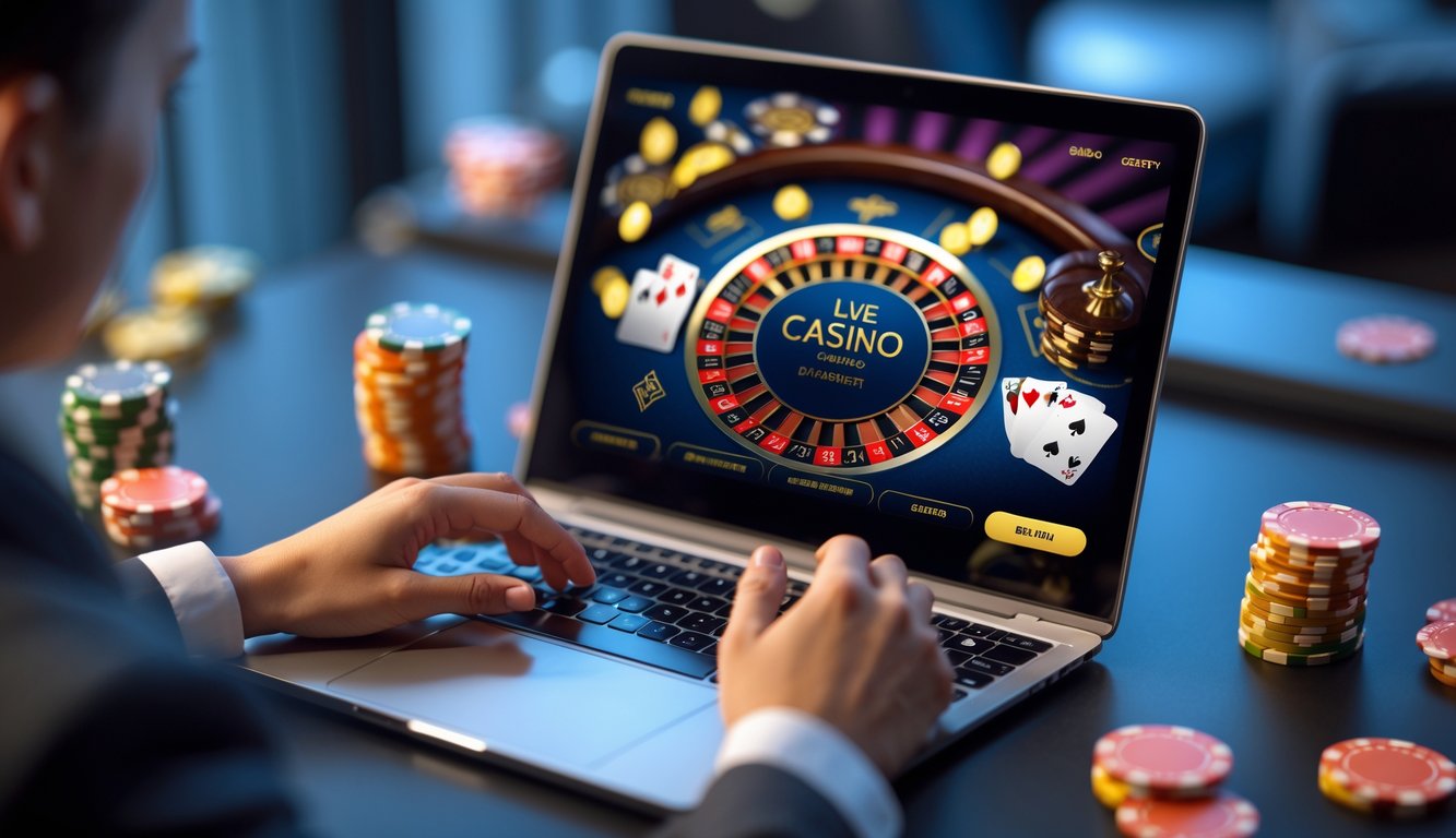 Tangan seseorang sedang bermain permainan kasino online dengan layar komputer menampilkan permainan dealer langsung.