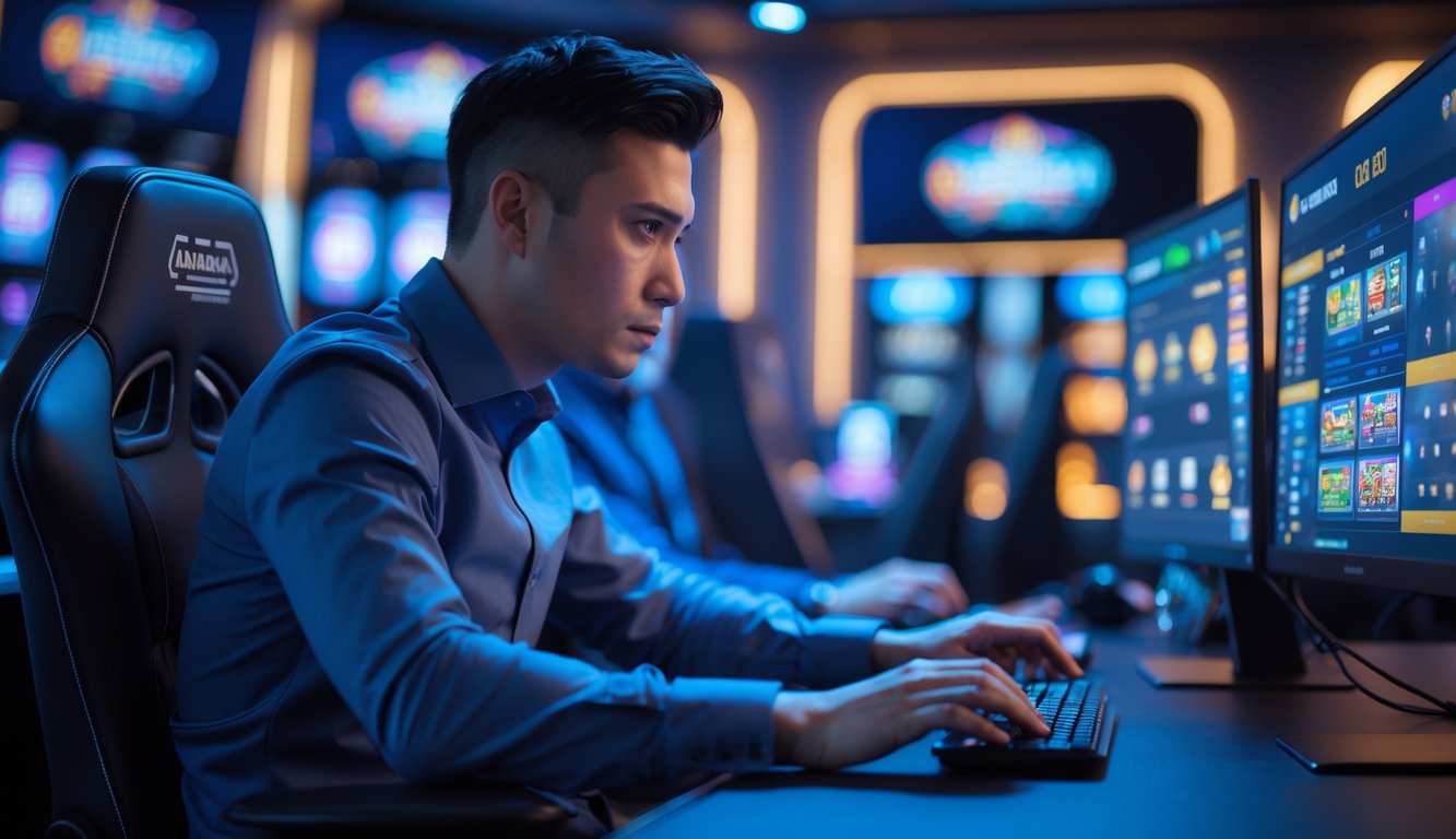 Seorang pemain ahli fokus bermain game kasino online di depan beberapa layar komputer di ruangan modern.