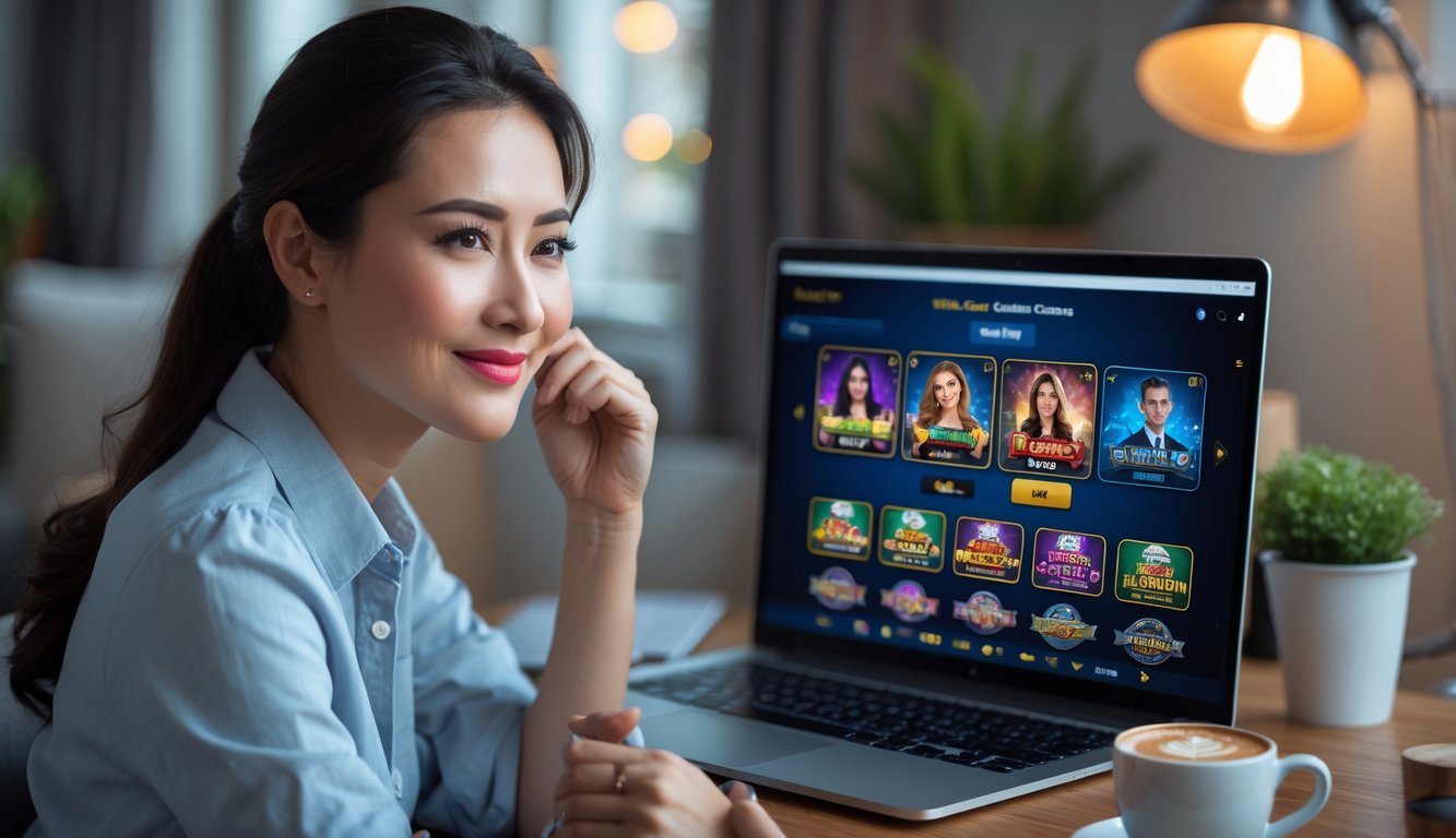 Seorang wanita muda duduk di depan laptop memilih permainan di platform kasino online dengan ekspresi fokus dan santai.