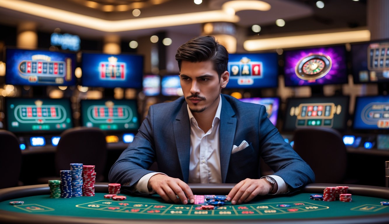 Seorang pria muda duduk di meja kasino dengan layar digital menampilkan permainan kasino langsung, tampak fokus dan menganalisis strategi bermain.