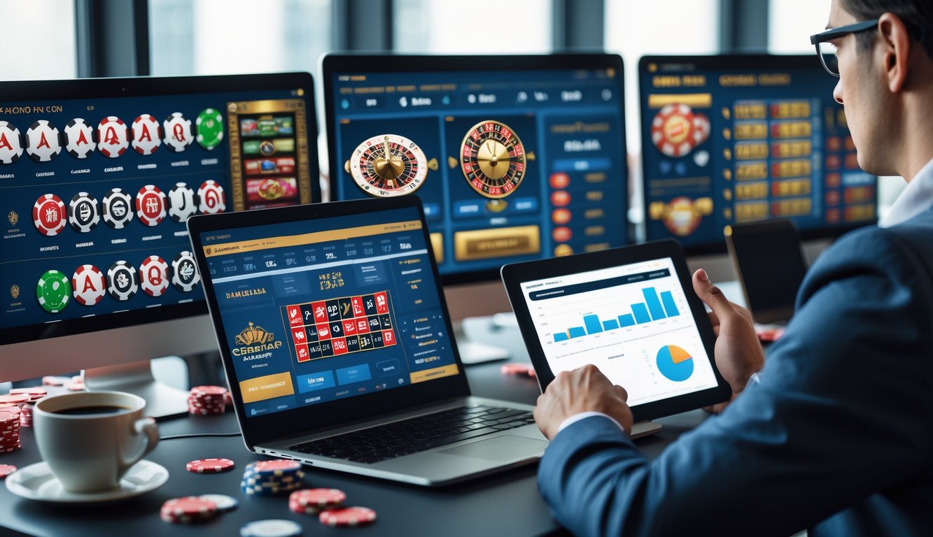 Seorang pria sedang menganalisis permainan kasino online dengan beberapa layar komputer yang menampilkan berbagai jenis permainan kasino secara langsung.