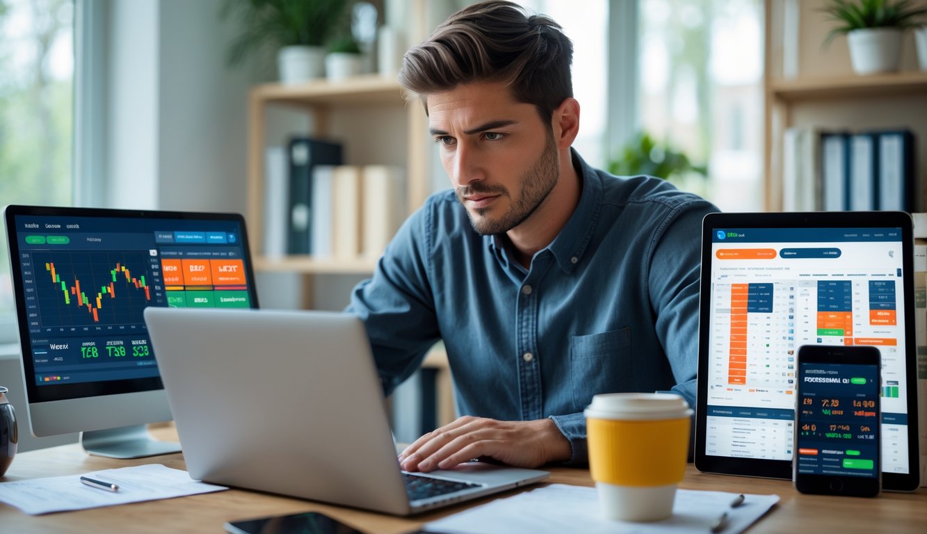 Seorang pria muda sedang menganalisis data taruhan olahraga online di laptop dalam ruang kerja rumah yang rapi dan terang.