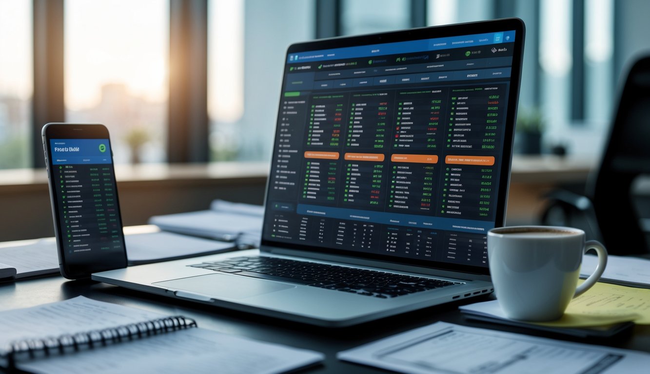 Meja kerja dengan laptop yang menampilkan statistik pertandingan olahraga dan peluang taruhan, dikelilingi catatan, ponsel dengan pembaruan pertandingan langsung, dan secangkir kopi.