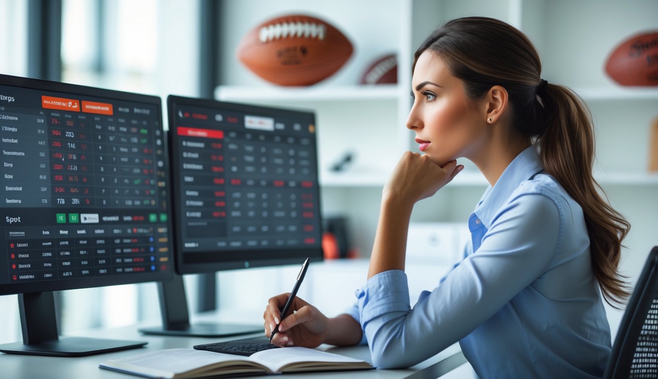 Seorang wanita muda duduk di meja dengan beberapa layar komputer menampilkan data taruhan olahraga, sedang fokus menganalisis informasi tersebut.