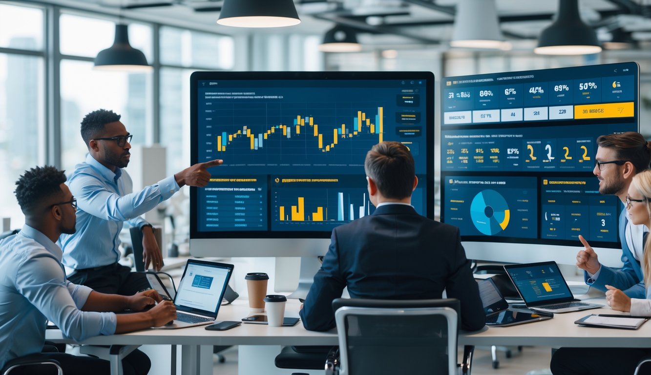Sekelompok profesional sedang berdiskusi dan menganalisis data performa tim di depan layar komputer dalam sebuah kantor modern.