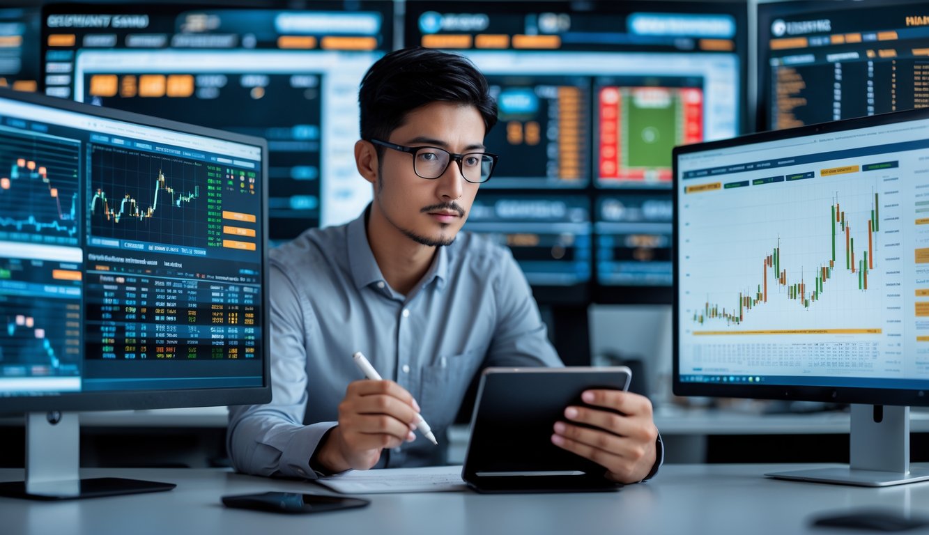 Seseorang yang sedang menganalisis data pada beberapa layar komputer di ruang kerja modern untuk meningkatkan akurasi dalam taruhan olahraga online.