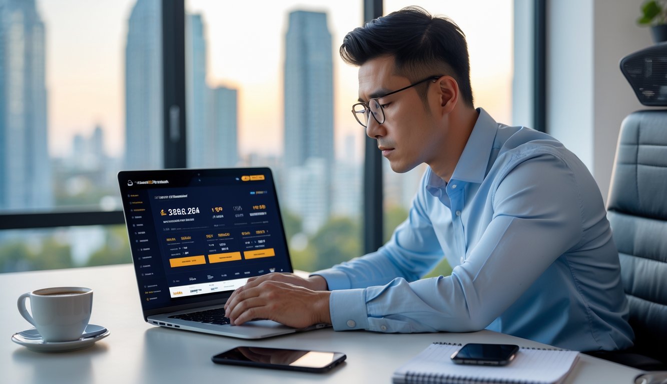 Seorang pria Asia duduk di meja modern sambil fokus melihat layar laptop yang menampilkan situs taruhan olahraga, dengan latar belakang jendela besar dan pemandangan kota.