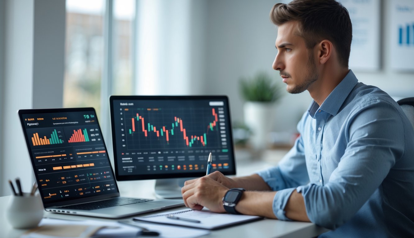 Seorang pria muda fokus bekerja dengan laptop dan tablet di meja modern, menampilkan grafik dan data taruhan online.