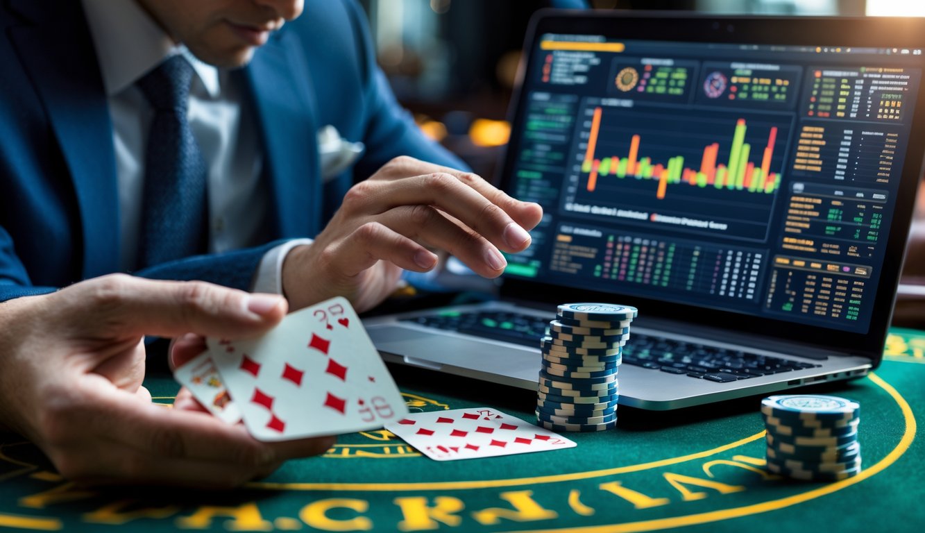 Seorang pria sedang menganalisis kartu baccarat dan pola permainan di meja kasino dengan laptop terbuka di latar belakang.