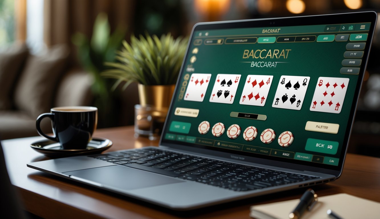 Seorang pemain sedang bermain baccarat online di laptop dengan catatan dan minuman di meja, suasana tenang dan fokus.
