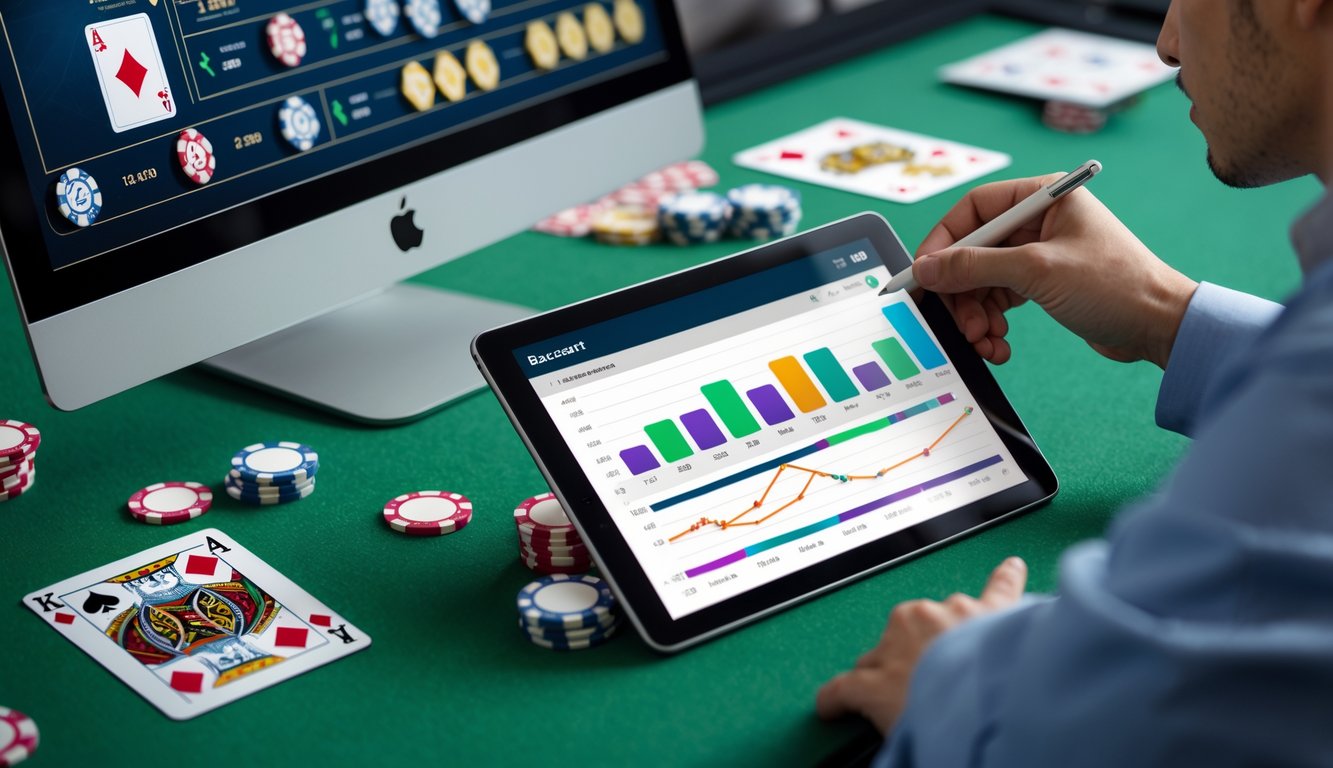 Seorang pria sedang menganalisis grafik tren permainan baccarat online di depan layar komputer dengan kartu dan chip taruhan di meja.