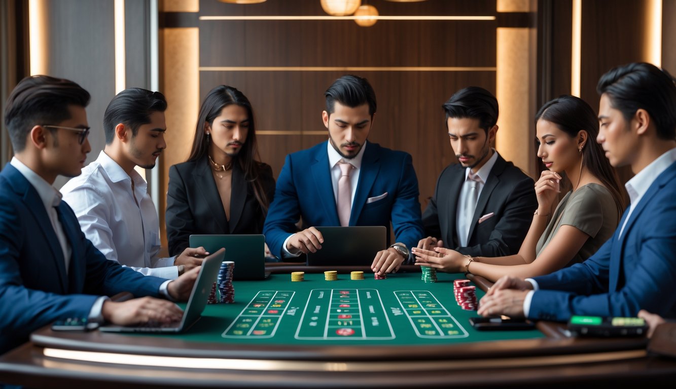 Beberapa orang berpakaian rapi sedang fokus mengambil keputusan saat bermain baccarat online di sebuah ruangan modern.