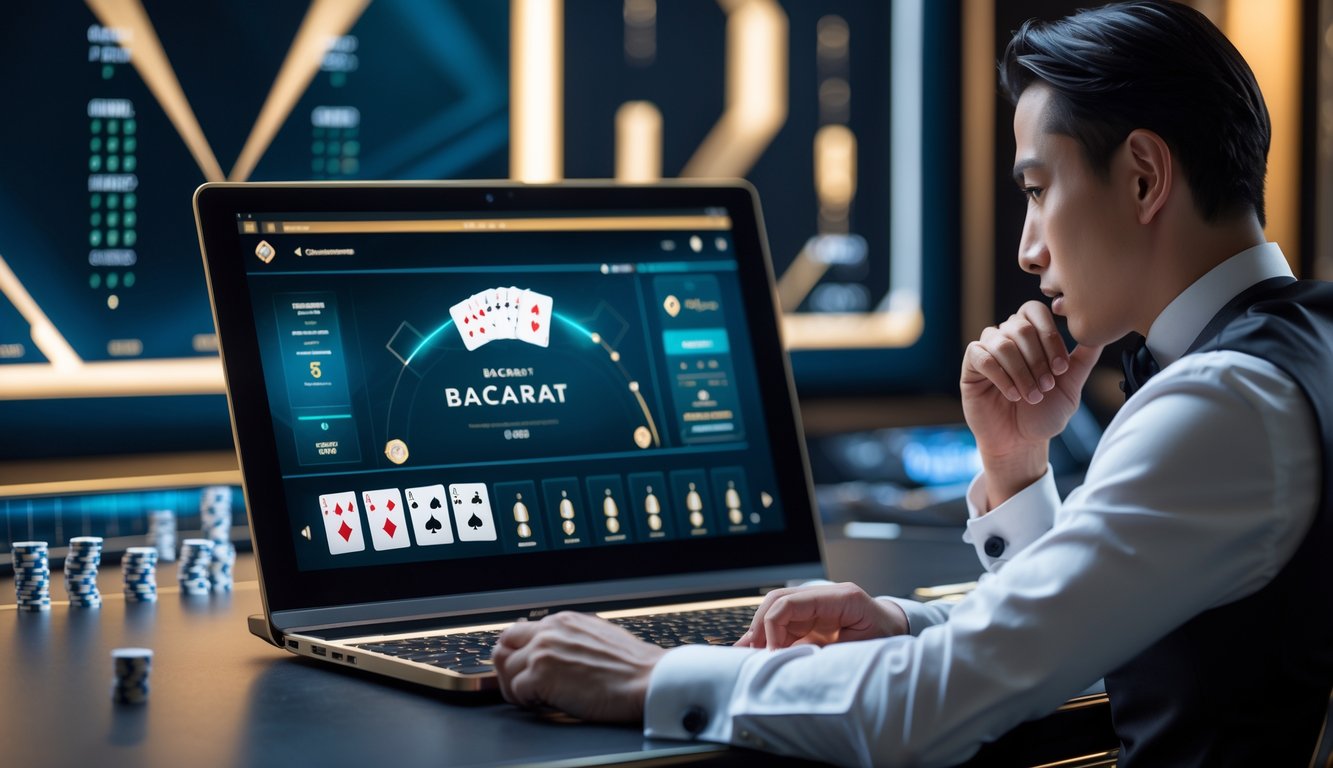 Seorang pemain profesional sedang fokus bermain baccarat online di depan layar komputer dengan kartu terlihat, di lingkungan modern dan rapi.