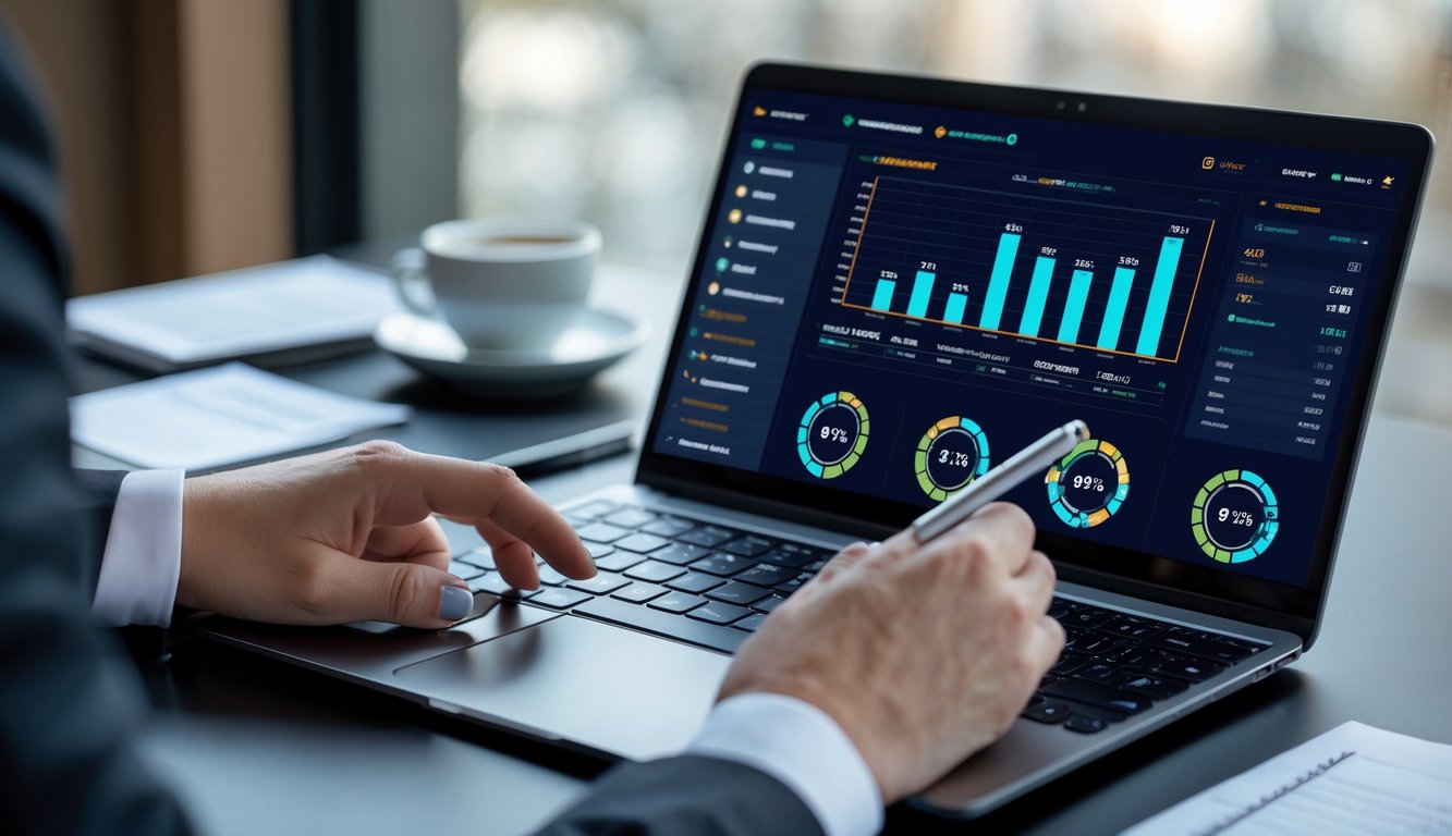 Seseorang menggunakan laptop dengan tampilan permainan baccarat dan grafik analisis di meja kerja yang rapi.