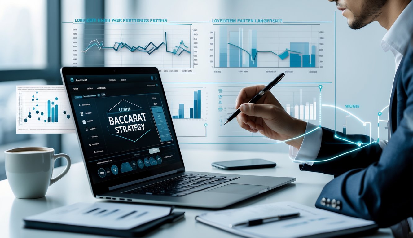 Seorang profesional sedang menganalisis data dan grafik di depan laptop yang menampilkan permainan baccarat online di sebuah ruang kerja modern.