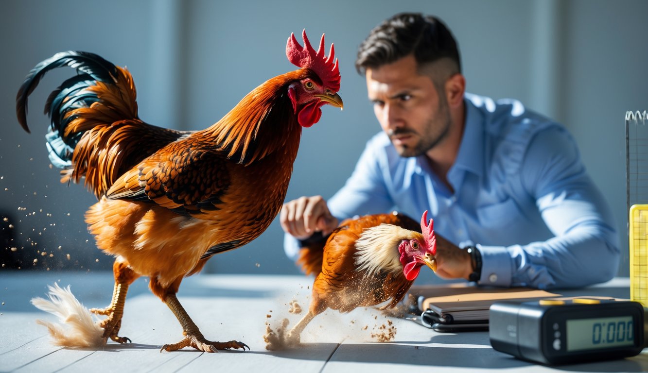 Seorang pria mengamati dua ayam jago sedang bertarung di dalam ruangan dengan peralatan strategi di meja.