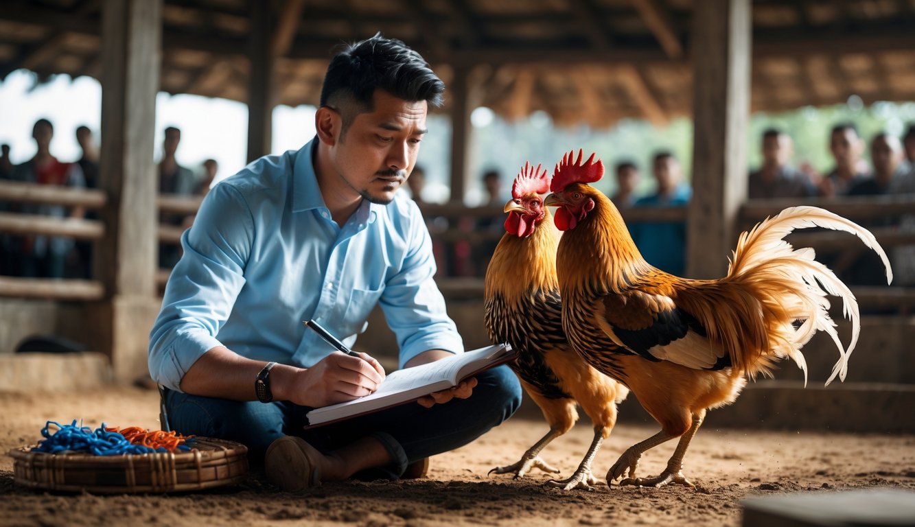 Seorang pria sedang mengamati dua ayam bertarung di arena tradisional sambil mencatat dengan serius.