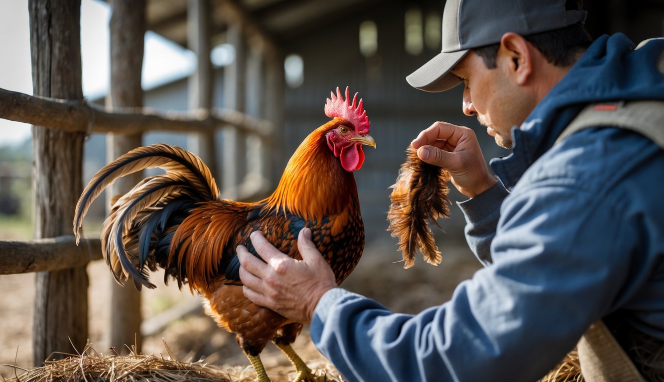 Seseorang sedang memeriksa fisik dan stamina ayam jago sebelum pertarungan sabung ayam di lingkungan luar ruangan.