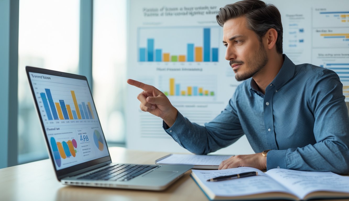 Seorang pria sedang menganalisis data dan grafik di depan laptop dalam suasana kerja yang rapi dan terang.