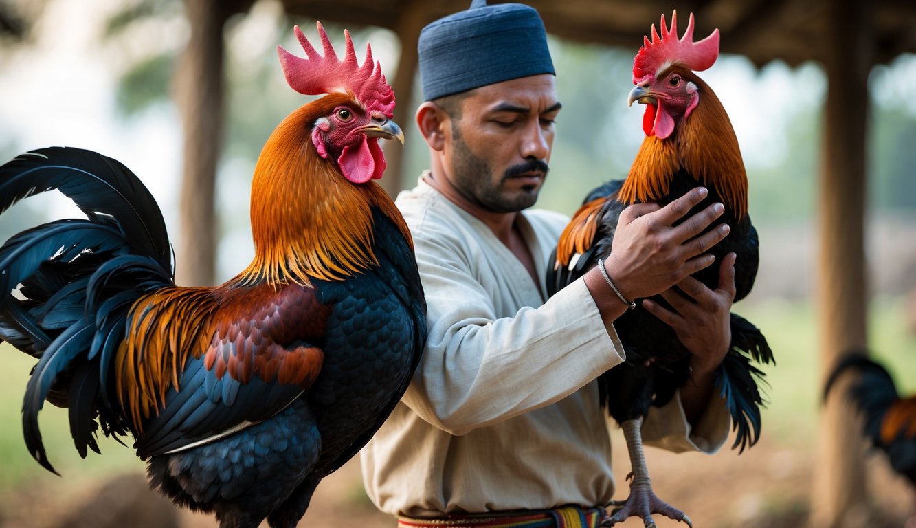 Seorang pria ahli sedang memegang seekor ayam jago dengan bulu yang indah di latar belakang pedesaan.