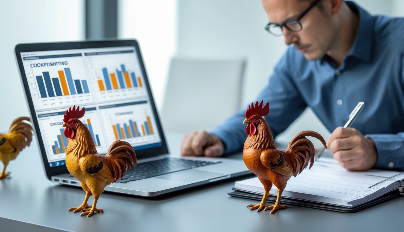 Seseorang sedang menganalisa data dengan laptop dan mencatat di meja yang terdapat model ayam aduan.