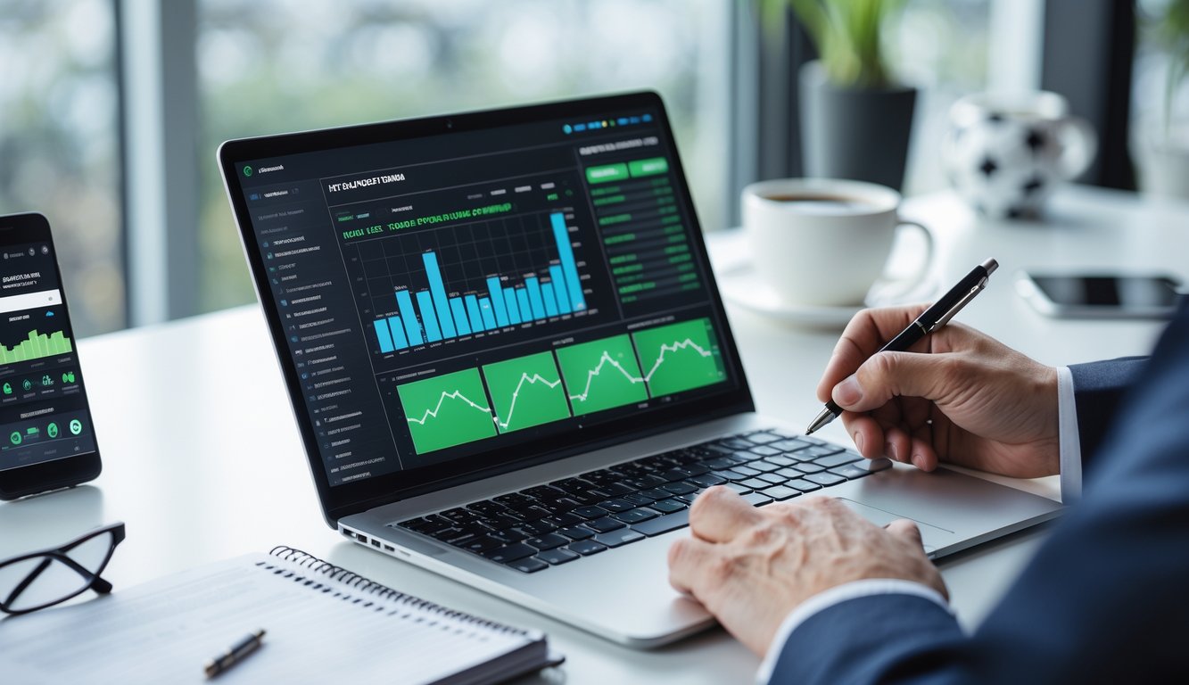Seorang pria sedang menganalisis data statistik tim sepak bola di laptop di atas meja kerja yang rapi dengan catatan dan ponsel di sampingnya.