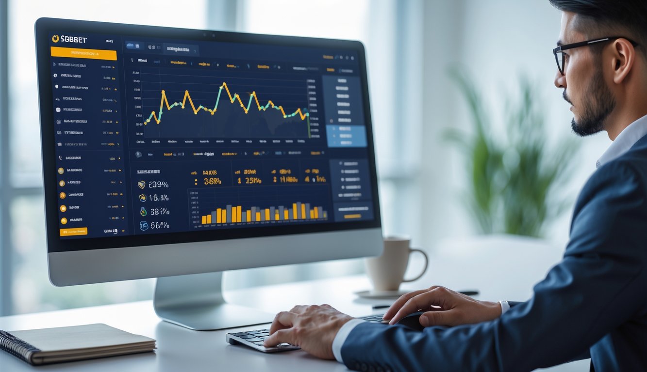 Seseorang sedang mengamati grafik dan statistik performa tim di layar komputer di sebuah ruang kerja modern.