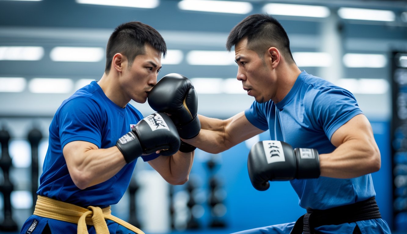 Dua atlet bela diri sedang bertarung dan menunjukkan pola gerak serta respons dalam sebuah gym.