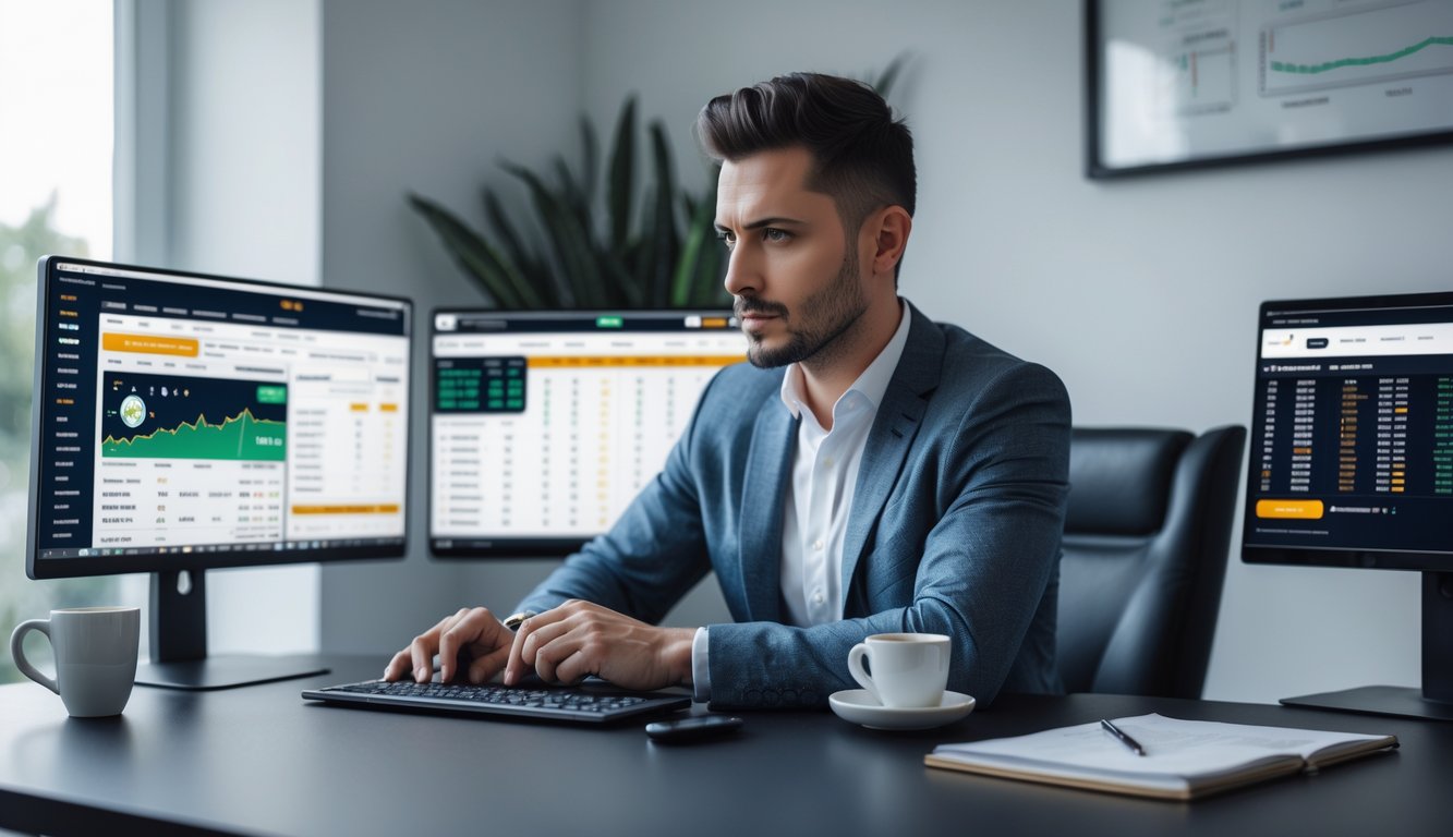 Seorang pria duduk di meja dengan beberapa layar komputer menampilkan data taruhan online, fokus menganalisis informasi dalam ruangan kantor rumah yang terang.