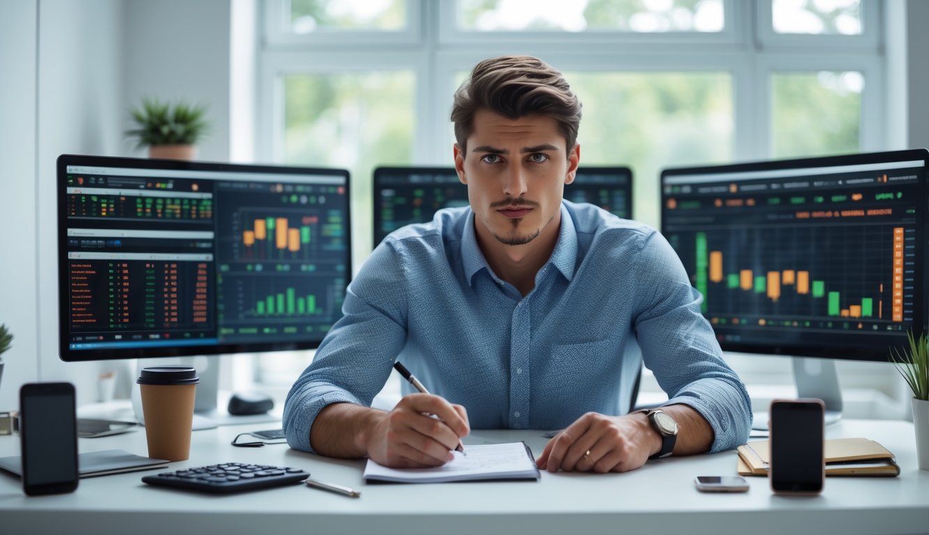 Seorang pria muda fokus duduk di meja dengan beberapa monitor komputer menampilkan data taruhan olahraga, sambil mencatat dan menganalisis informasi.