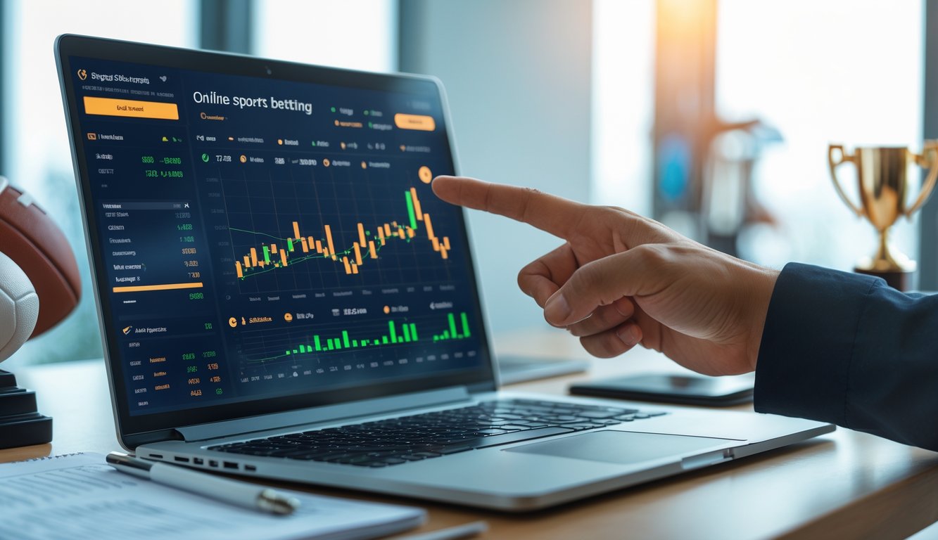 Seorang profesional di kantor modern sedang menganalisis data pertandingan olahraga di laptop untuk menentukan pilihan taruhan online.