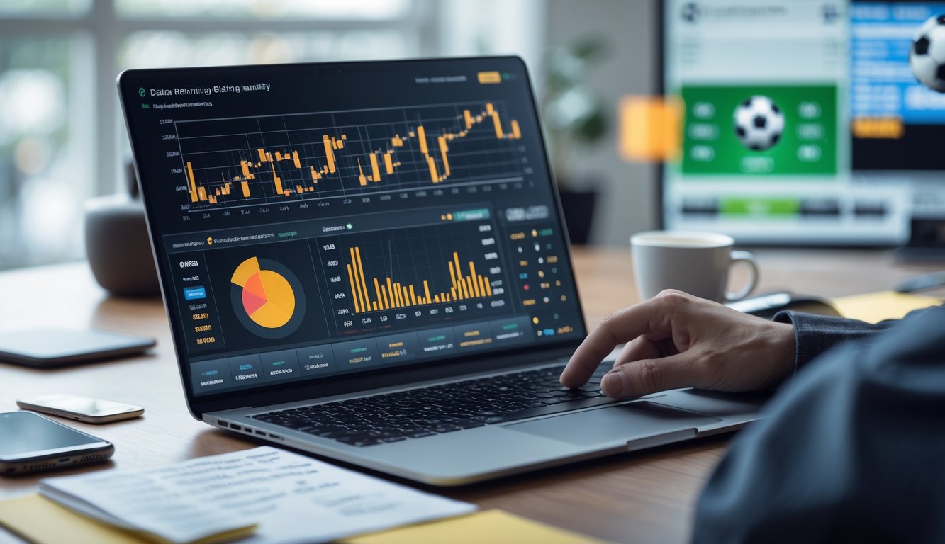 Seorang pria sedang menganalisis data di laptop di ruang kerja modern dengan grafik dan ponsel yang menampilkan informasi taruhan olahraga.