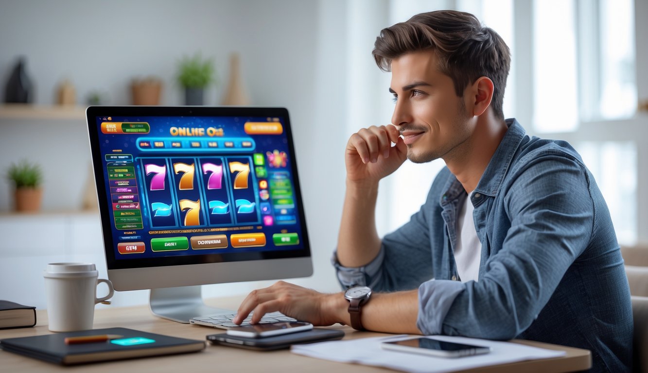 Seorang dewasa muda duduk di meja modern sambil fokus melihat layar laptop yang menampilkan permainan slot online berwarna-warni, dengan suasana ruangan yang terang dan rapi.