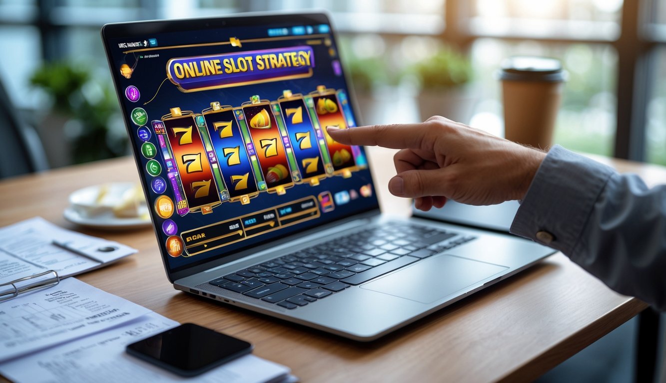 Meja kerja dengan laptop menampilkan grafik mesin slot dan tangan menunjuk layar, dikelilingi catatan dan ponsel, di ruang kantor dengan cahaya alami.