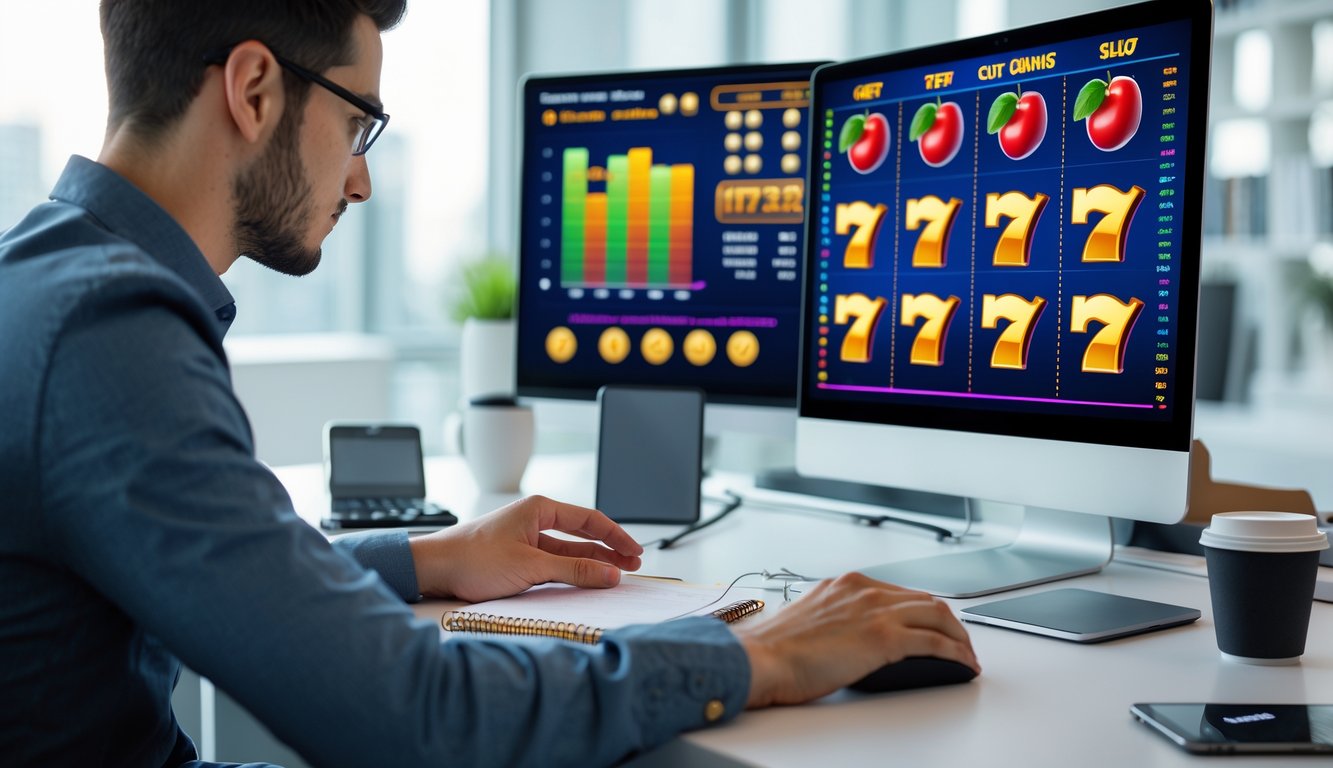 Seseorang sedang menganalisis data permainan slot online di depan komputer dengan grafik dan simbol slot di layar, di meja terdapat catatan dan peralatan kerja.