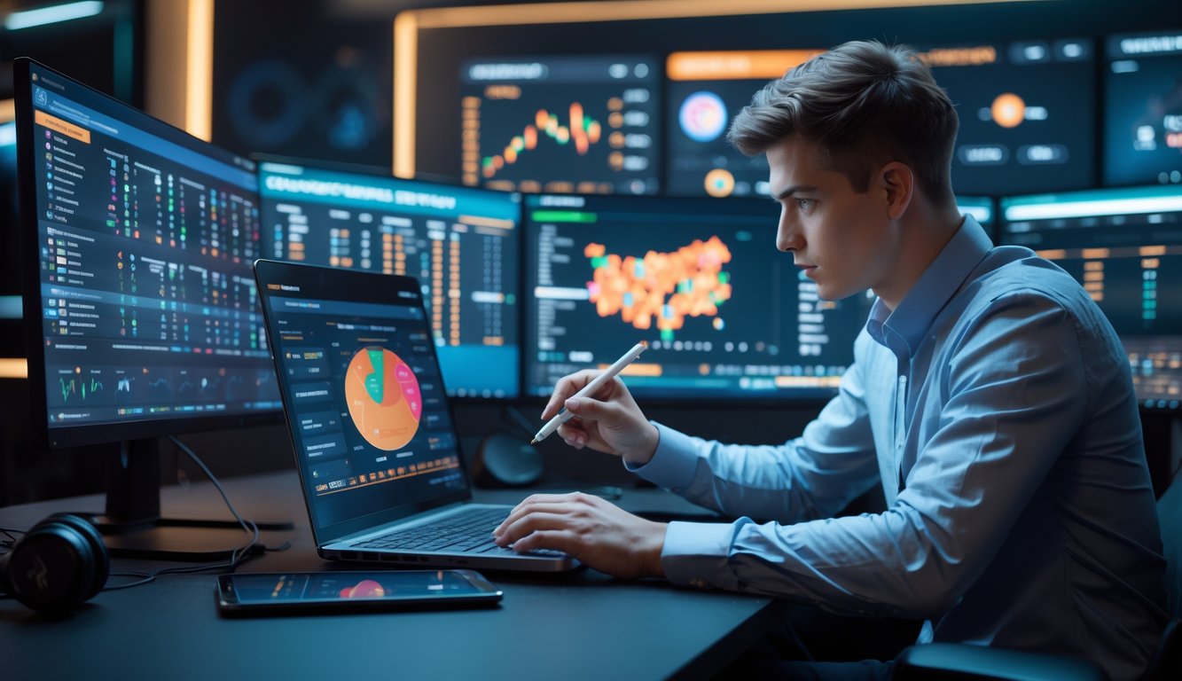 Seorang pria muda sedang menganalisis data performa tim esports di depan beberapa layar komputer di ruang kerja modern.