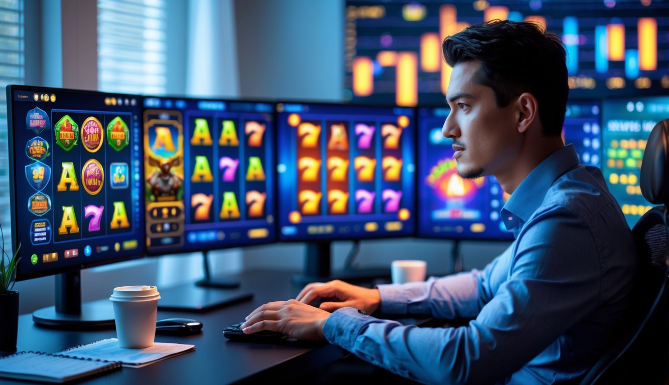 Seorang pemain slot online berpengalaman duduk di meja dengan beberapa layar menampilkan permainan slot yang berwarna-warni, tampak fokus dan percaya diri di ruangan yang nyaman.