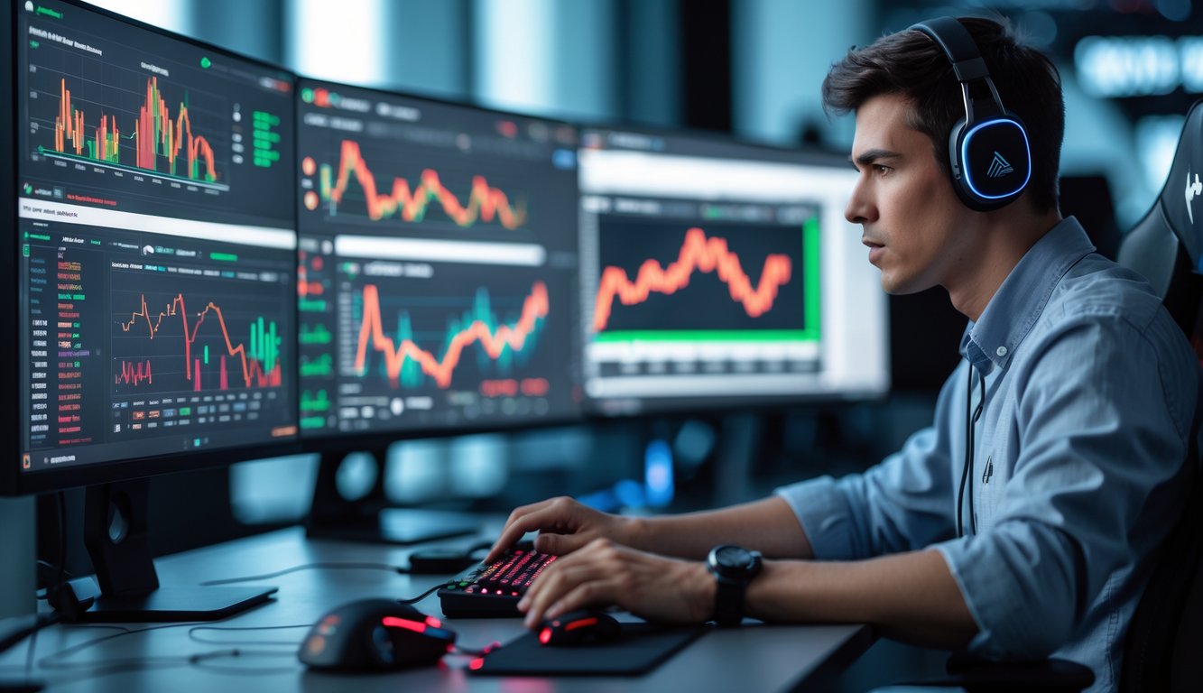 Seorang analis e-sports muda duduk di depan beberapa layar komputer yang menampilkan grafik dan statistik pemain dalam suasana kerja modern.