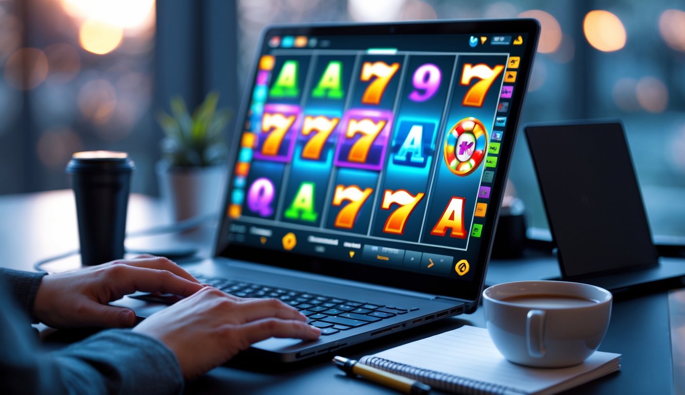 Seseorang sedang bermain mesin slot online di komputer dengan latar belakang yang samar dan suasana fokus.