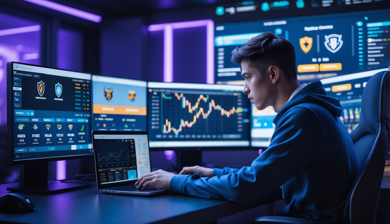 Seorang pria muda fokus duduk di depan beberapa monitor yang menampilkan pertandingan dan data esports, menggunakan laptop dan ponsel untuk menganalisis prediksi taruhan online.