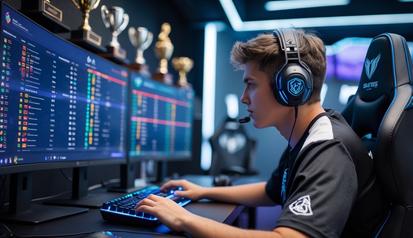 Seorang pemain esports fokus di depan komputer dengan beberapa monitor dan perlengkapan gaming di ruangan modern.