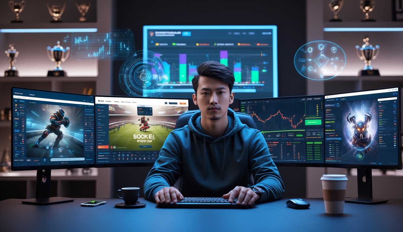 Seorang pria muda duduk di depan beberapa monitor komputer yang menampilkan permainan e-sports dan grafik statistik dalam ruangan modern dengan pencahayaan neon.