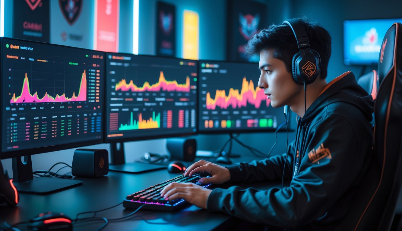 Seorang dewasa muda sedang menganalisis data pertandingan e-sports di beberapa layar komputer dalam ruangan gaming modern.
