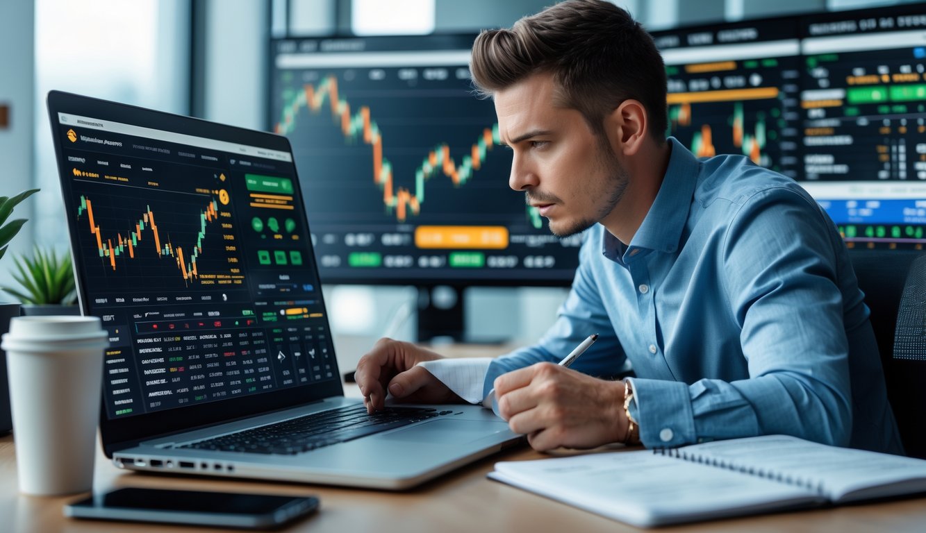 Seseorang sedang serius menganalisis data pertandingan olahraga di depan laptop di sebuah kantor modern.