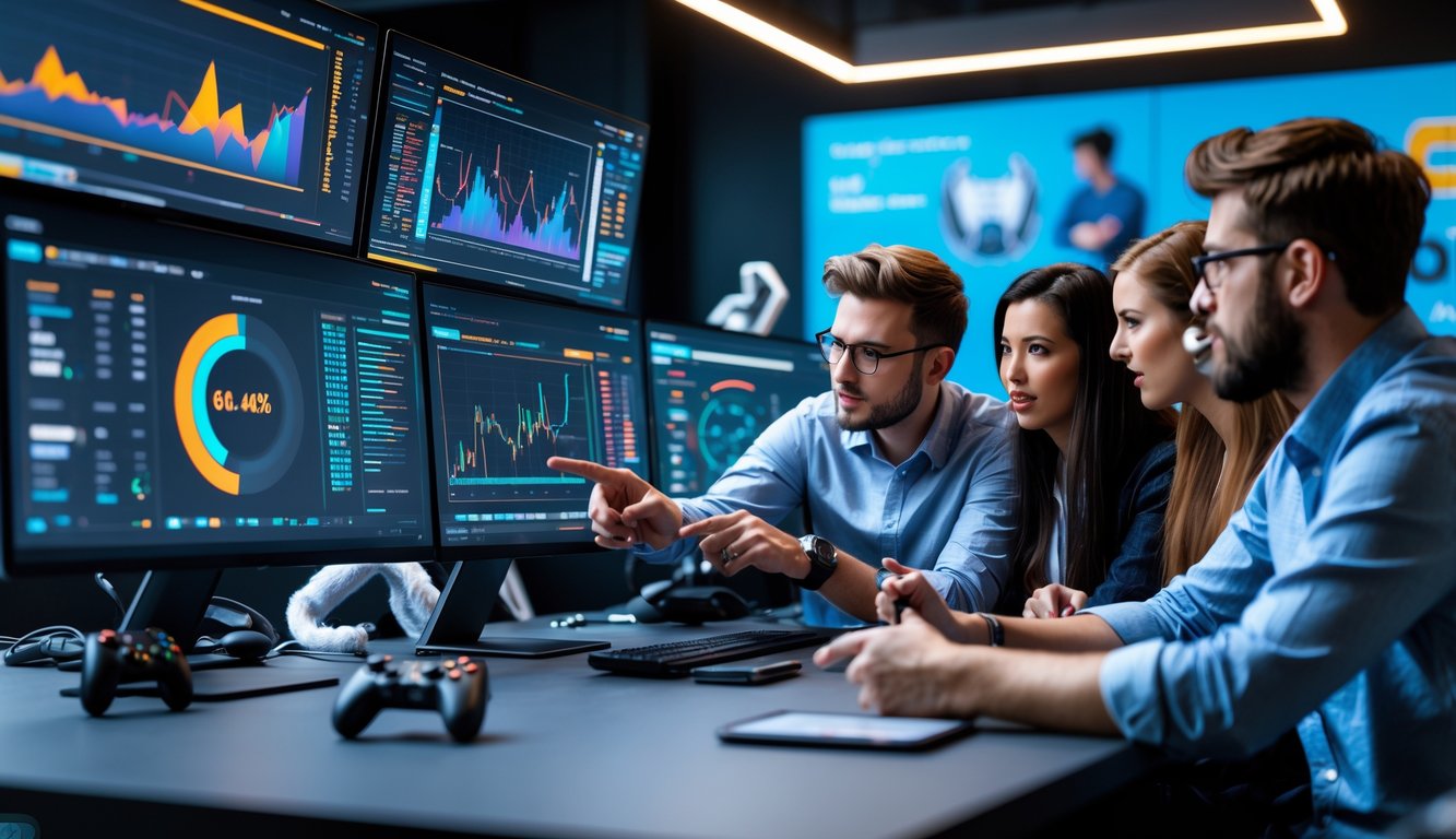 Tim profesional sedang menganalisis data dan statistik di ruang kerja modern dengan beberapa monitor komputer yang menampilkan grafik dan gambar permainan e-sports.