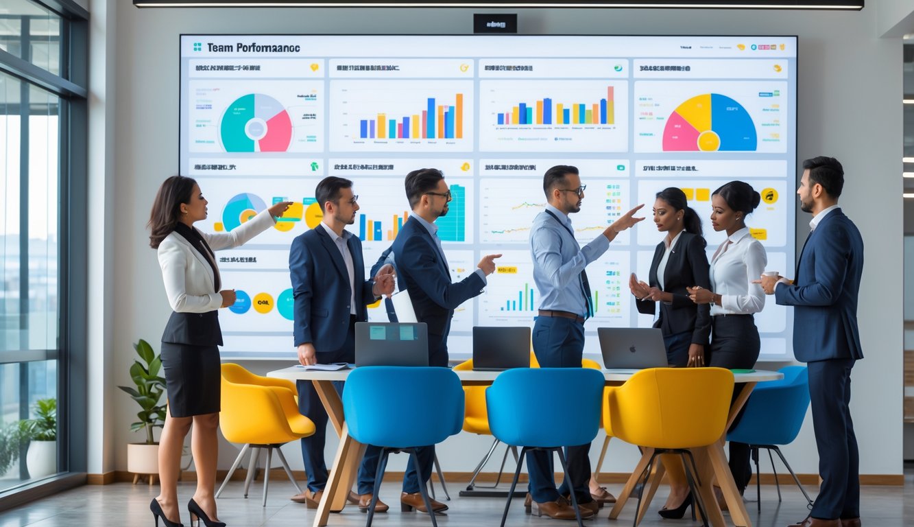 Sekelompok profesional sedang berdiskusi di kantor modern dengan layar besar yang menampilkan grafik dan statistik performa tim Sbobet online.