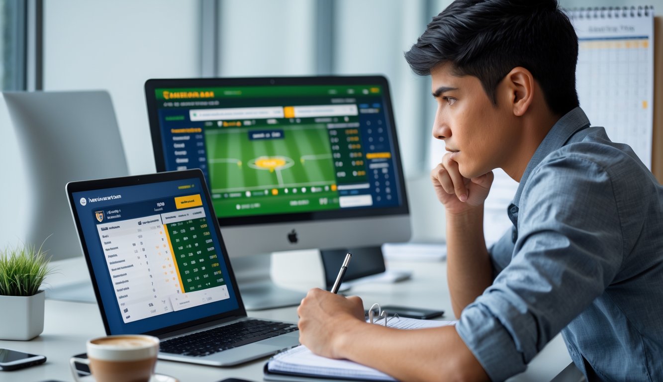 Seorang individu duduk di meja kerja dengan beberapa perangkat digital, fokus menganalisis data taruhan olahraga online.