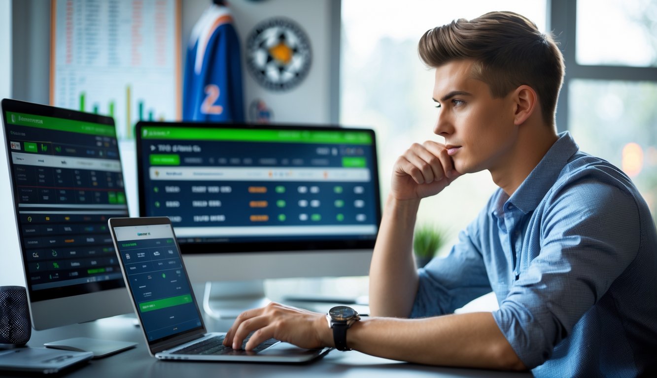 Seorang pria muda duduk di meja dengan beberapa perangkat digital, fokus menganalisis data taruhan olahraga online.