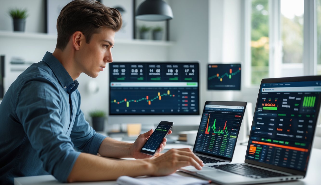 Seseorang muda sedang menggunakan laptop dan ponsel di meja kerja dengan layar yang menampilkan data olahraga di latar belakang.